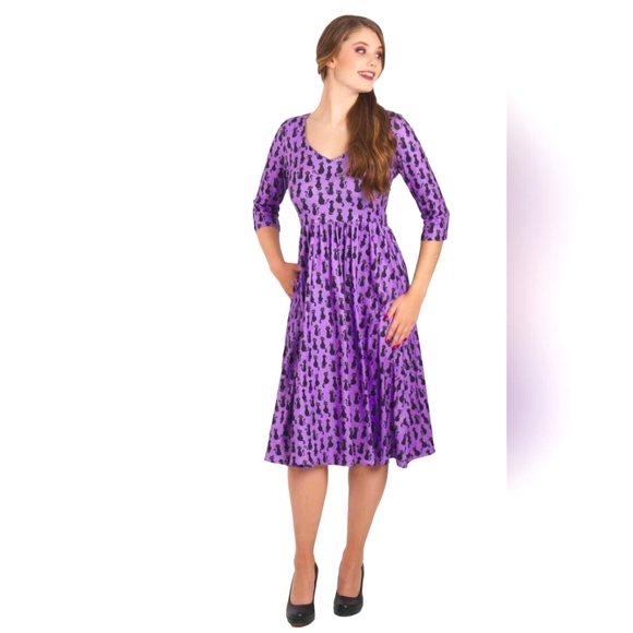 Dolly and Dotty Cat Purple & Black 3/4 Sleeve Billie Dress w/ Pockets - 4 - Picture 2 of 12